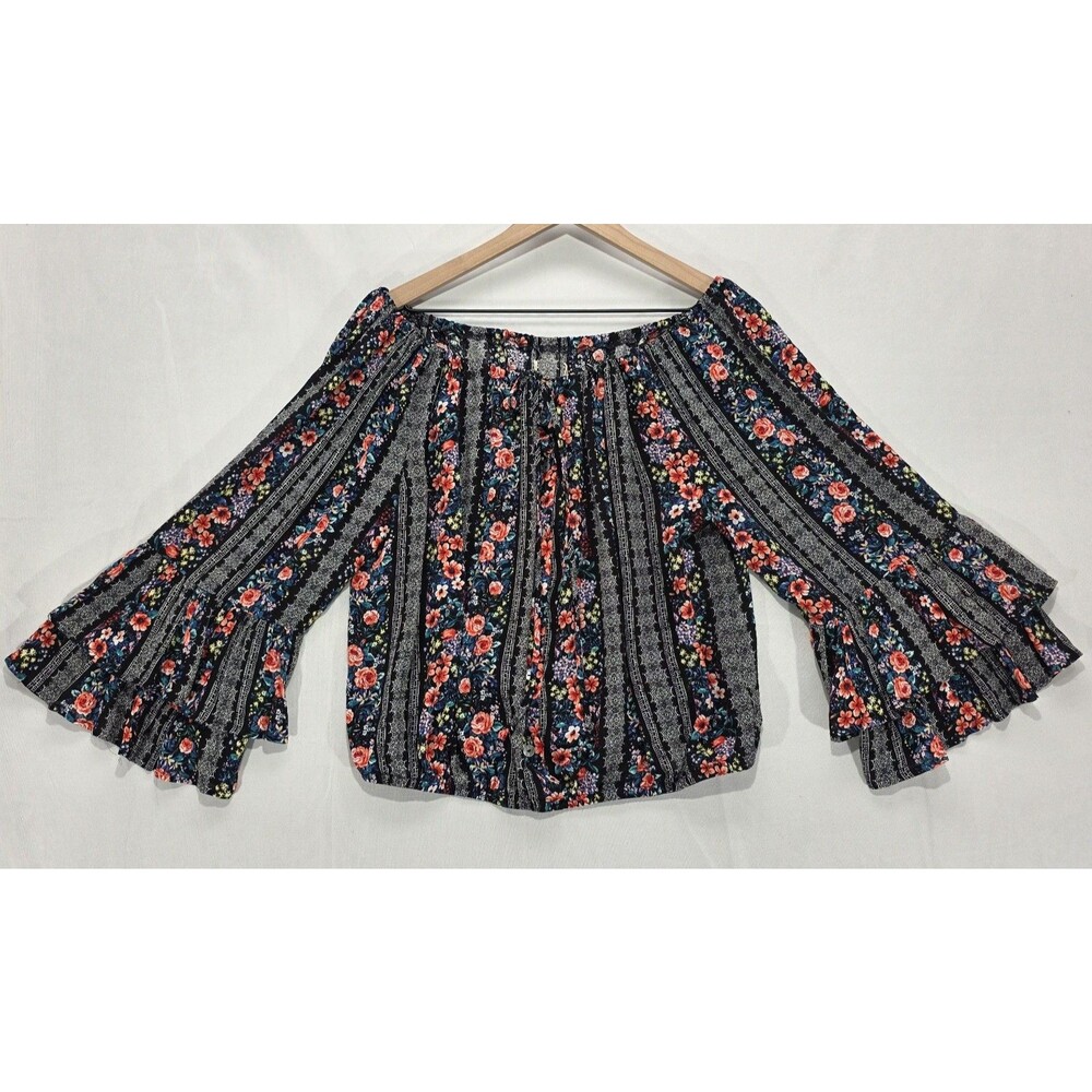 Haute Project Black Floral Blouse XL Bell Sleeve Button Boho Festival Whimsigoth